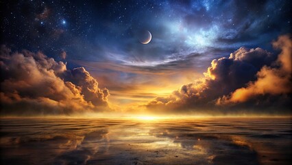 Wall Mural - Serene Sunset Seascape with Crescent Moon and Starry Night Sky