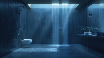 Wall Mural - Water cascading from an open ceiling shower illuminates a modern bathroom featuring dark tiled walls, a sleek toilet, and a minimalist sink with natural light pouring in