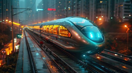 Poster - A futuristic train gliding through a rainy cityscape, illuminated by vibrant lights.
