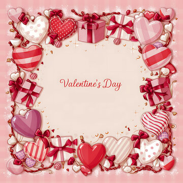 Valentine's Day template with decorative love and gift elements on frame. Valentines day greeting card, poster, banner, flyer. Valantine romantic background