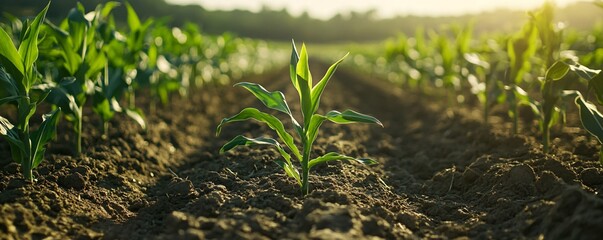 Poster - Young corn growing in fertile soil at sunset in cultivated field