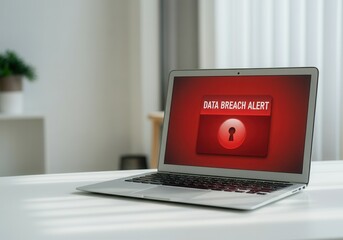 Poster - Data breach alert displayed on a laptop screen, highlighting security vulnerability and potential cyber threats