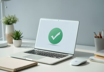 Poster - Modern home office desk setup featuring a laptop displaying a green check mark, symbolizing completion or approval