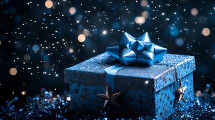 Blue gift box with silver stars and bow on dark background.