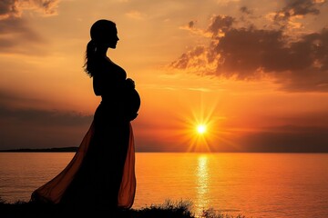 Aufkleber - Silhouette of a pregnant woman enjoying a peaceful sunset over calm waters at the beach. Generative AI