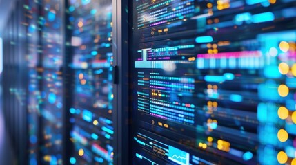 Poster - server racks processing and visualizing big data with bokeh effect in a modern data center, represen
