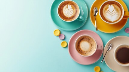 Poster - Beautifully Arranged Ceramic Cups and Saucers on a Sleek White Tabletop Showcasing the Elegance and Minimalist Design of Fine Dining Dishware