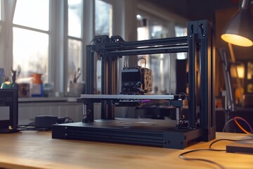 Poster - 3D printer working on a detailed model in a bright workspace during the day
