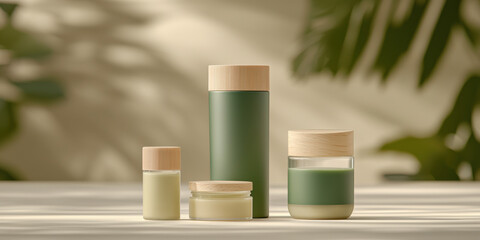 Wall Mural - A serene display of eco-friendly skincare products in elegant containers, set against a natural, leafy background.