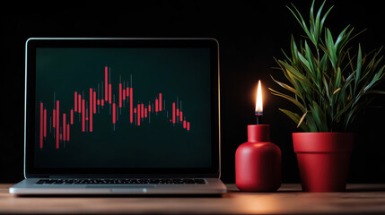 Poster - ETF Inflows concept. laptop displaying red ETF inflow charts beside candle and plant