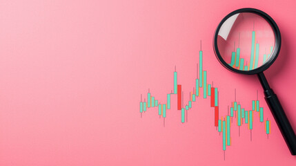 Poster - ETF Inflows concept. Analyzing financial charts with magnifying glass on pink background