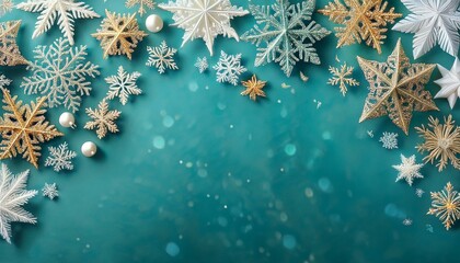 Wall Mural - Backdrop, banner, pattern of glistening snowflakes dance, light teal and gold unite, creating an ethereal winter canvas, captivating hearts with nature's artistry