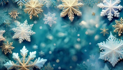 Wall Mural - Backdrop, banner, pattern of glistening snowflakes dance, light teal and gold unite, creating an ethereal winter canvas, captivating hearts with nature's artistry