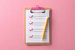 © MDSOMON - 3d paper clipboard task management todo check list with pencil fast work on project plan fast progress level up concept 3d pencil note exam paper checklist icon 3d vector render pink background