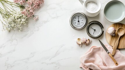 Poster - A minimalist clean and modern shot of a digital timer and kitchen scale neatly placed on a white marble surface showcasing a functional and organized kitchen setup
