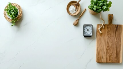 Poster - Sleek and Minimalist Shot of a Digital Kitchen Timer and Weighing Scale Placed Neatly on a White Marble Surface