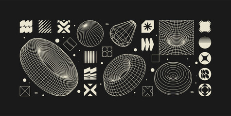 Poster - Vector graphic assets set in acid style, retro futuristic background with wireframe elements of different forms, bold modern shapes for design template, poster, banner, clothes, stickers in Y2k style,