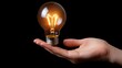 © Christian - a human hand holds a glowing light bulb, the background is black, concept: business idea, 16:9