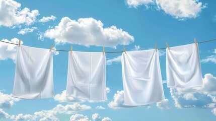 Poster - Freshly washed linen drying on a clothesline under a blue sky with white clouds in the background. Generative AI