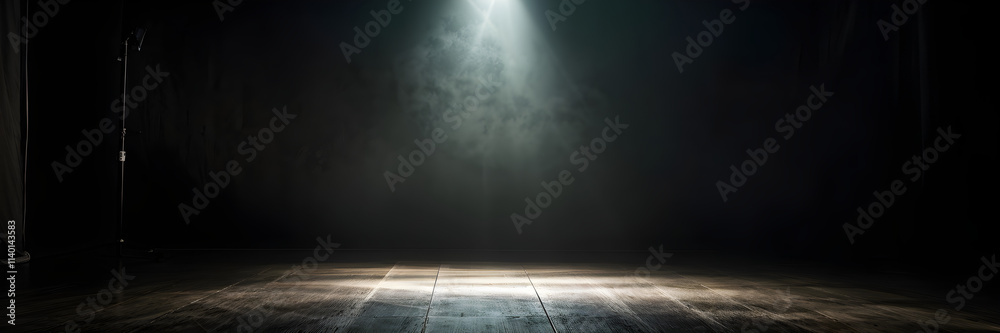 Spotlight casting a beam of focused light on a bare stage wall, serving ...