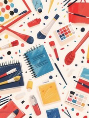 Poster - Colorful collection of educational art materials including brushes, paints, and sketchbooks arranged creatively on a surface. Generative AI