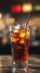 Poster - Refreshing glass of cola with ice cubes and straw on bar counter