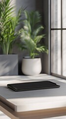 Poster - Smartphone lying on table with plants in background near window
