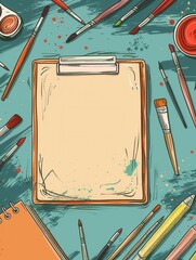Poster - Educational brushes, paints, and sketchbooks arranged on a surface for creative practice and artistic activities. Generative AI