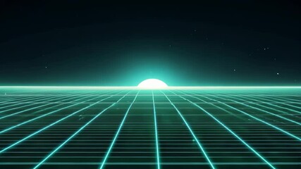 Fototapete - futuristic sunrise over grid landscape with glowing horizon and starry sky