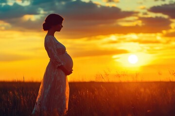 Aufkleber - Pregnant woman silhouette enjoying sunset in a tranquil field with golden light illuminating the sky and horizon. Generative AI