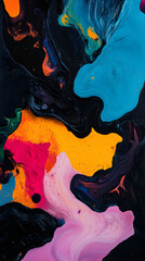 Poster - Vibrant hues of pink, orange, blue, and black blend together, creating a mesmerizing abstract painting with swirling patterns and an immersive quality