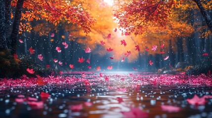 Wall Mural - Magical Autumn Forest with Vibrant Falling Leaves in Tranquil River Scene