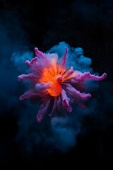 Poster - Vibrant orange burst creating pink and blue smoke wisps, resembling a blossoming flower, on a dark background with scattered luminous spots