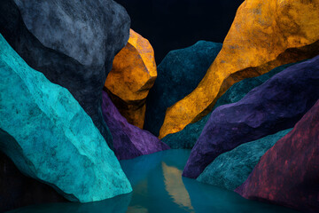 Poster - Brilliant, colorful canyon walls creating a captivating reflection in the turquoise waters below, providing an immersive and dreamlike scenery