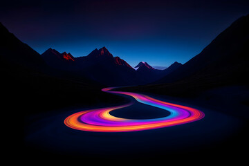 Poster - Nature's serene stillness contrasts with the dynamic light trail snaking through the dark mountain landscape, creating a mesmerizing visual spectacle