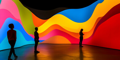 Poster - Museum visitors observing an immersive, colorful, and dynamic light installation, showcasing vibrant hues and wave like patterns
