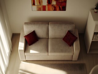 Poster - A cozy living room scene featuring a sofa with decorative pillows and natural light.
