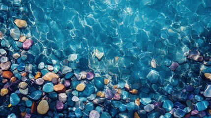 Crystal-clear turquoise waters revealing colorful pebbles beneath; isolated background replaced with deep blue gradient.