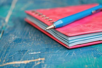 Poster - Bright pink notebook and blue pen resting on a rustic wooden table with an inviting atmosphere for creativity. Generative AI