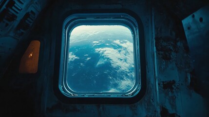 Wall Mural - cosmic view through a spaceship window, earth in the distance, sharp and vivid textures, futuristic 