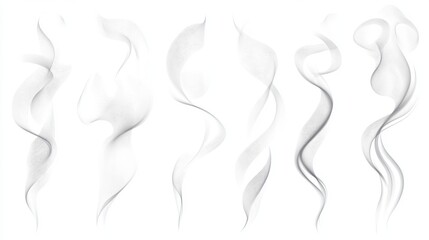 Wall Mural - 29.A detailed set of wavy white steam icons isolated on a transparent background, depicting hot, curling vapor trails. The steam shapes vary from subtle, fine lines to bold, flowing curves, adding a