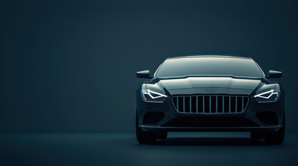 Front view of a modern luxury car with sleek design and clean lines, parked on a dark background. Automotive sophistication, premium branding, and contemporary elegance. Automotive advertising banner.