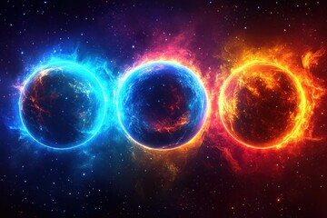 Wall Mural - Celestial Trinity Fiery Planets in Cosmic Nebula