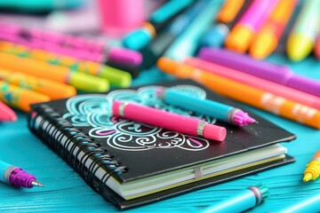 Aufkleber - Colorful markers and pens scattered around a decorated notebook on a bright wooden surface. Generative AI