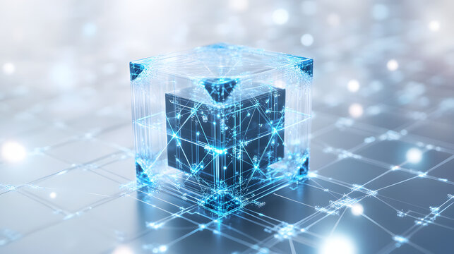 
3D rendered transparent cube graphics with blue colors on a light background. Illustration for digital concept or geometry. Visualization for modern perspectives and networks.