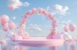 © NipaArts - Floral archway, balloons, pastel pink podium on water.