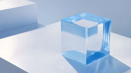 Fototapete - 
3D rendered transparent cube graphics with blue colors on a light background. Illustration for digital concept or geometry. Visualization for modern perspectives and networks.
