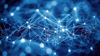 Poster - Complex network of interconnected nodes and lines visualizing big data, information flow, and technological connections in a dark blue cyberspace
