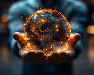 Aufkleber - A businessman holding a glowing 3D holographic projection of a digital world, futuristic design, blurred office background, ultradetailed, 4K resolution
