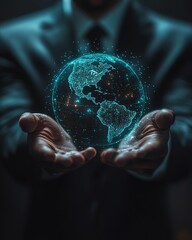 Aufkleber - A businessman showcasing a glowing digital world hologram, 3D projection, futuristic office background, hightech theme, ultra HD, detailed rendering